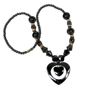 Black Hematite Beaded Necklace Heart Pendant Orange Silver Tone Accents